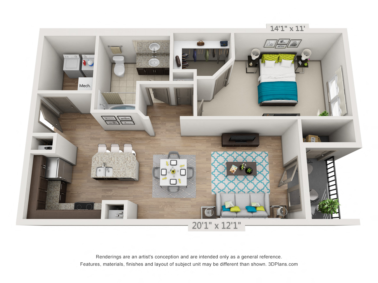 Floor plan for 1 bed, 1 bath, 849 sqft